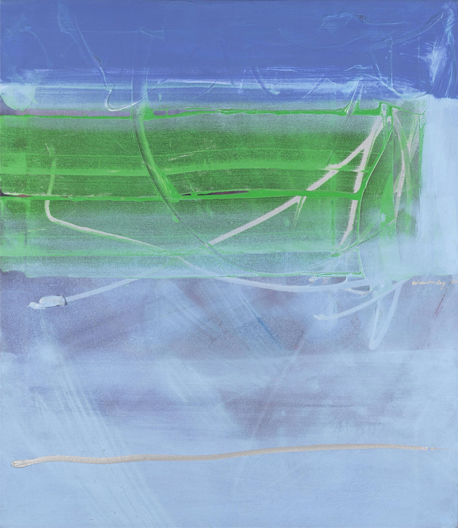 Frank Wimberley, 1926-2025, Enclosure Green: Frank Wimberley 1926-2025 Enclosure Green 1986 acrylic and collage on canvas 30 x 26 inches signed, dated, and titled Provenance: private collection, Chicago, IL, acquired directly from the artist
