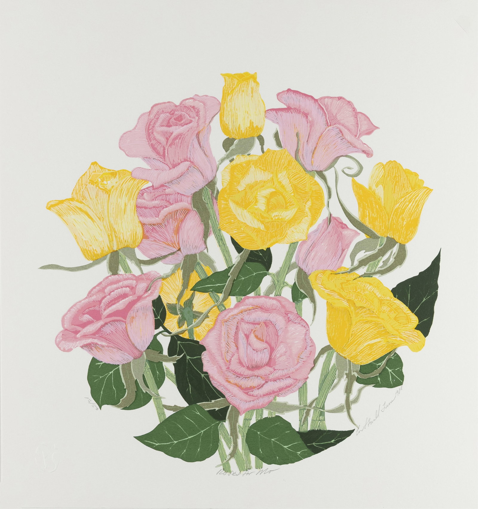 Lou Stovall, 1937-2023, Roses for Ma: Lou Stovall 1937-2023 Roses for Ma 1988 serigraph in colors 12 inches diameter signed, dated, titled, and numbered 12/50