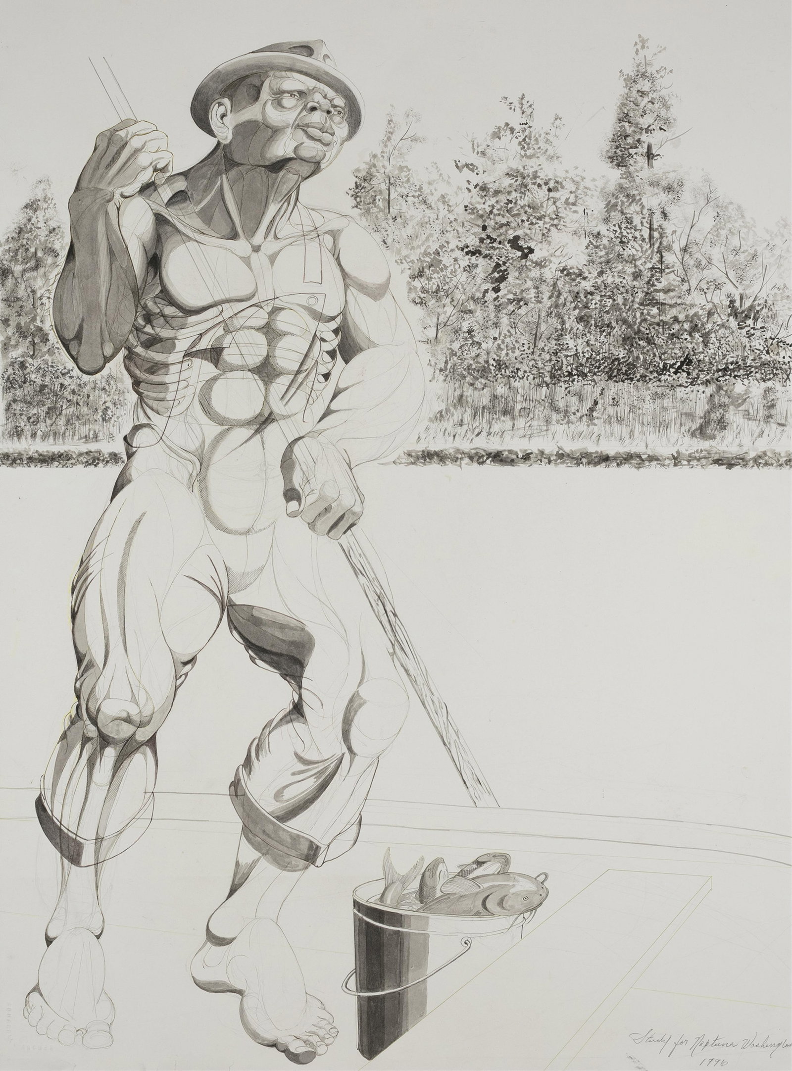 Ron Adams, 1934-2020, Study for Neptune Washington: Ron Adams 1934-2020 Study for Neptune Washington 1996 pencil, brown ink and watercolor on Arches paper 30-1/8 x 22-1/2 inches signed, dated and titled This is the original drawing for the well-kn