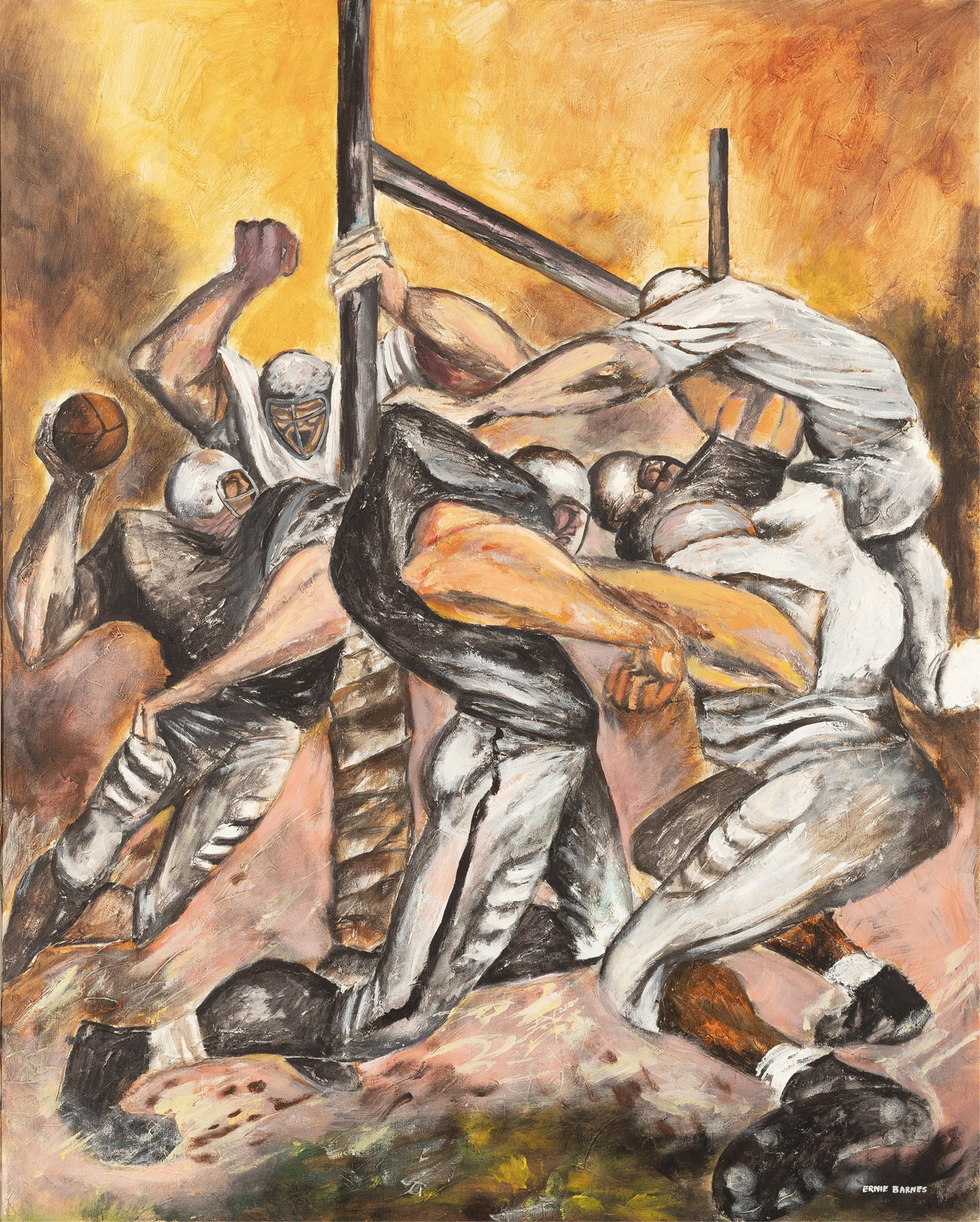 Ernie Barnes, 1938-2009, Football Scene (Oakland Raiders): Ernie Barnes 1938-2009 Football Scene (Oakland Raiders) c. 1970 oil on canvas 50 x 40 inches signed Provenance: Wayne Valley, former owner of the Oakland Raiders football team, to private collect