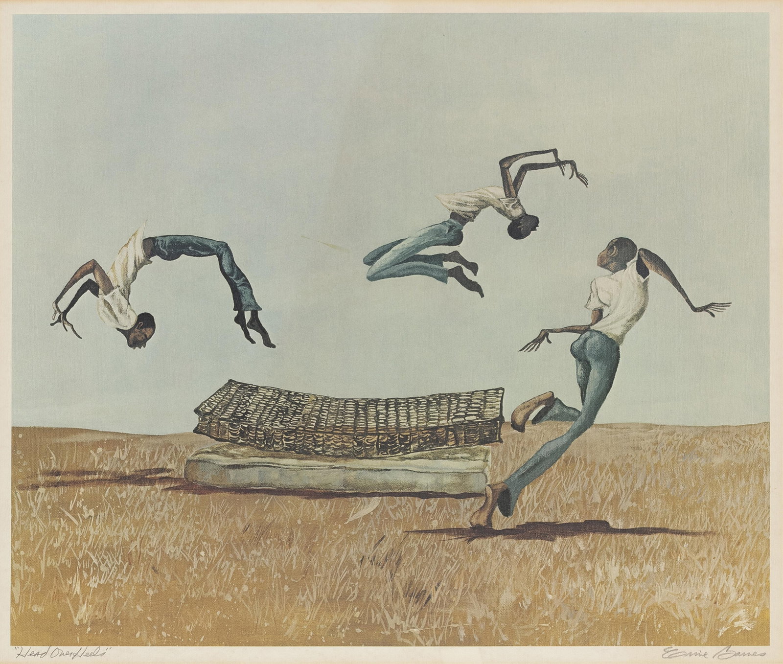 Ernie Barnes, 1938-2009, Head Over Heels: Ernie Barnes 1938-2009 Head Over Heels c. 1970 color offset lithograph 14-1/2 x 20 inches (image) full margins signed and titled in pencil