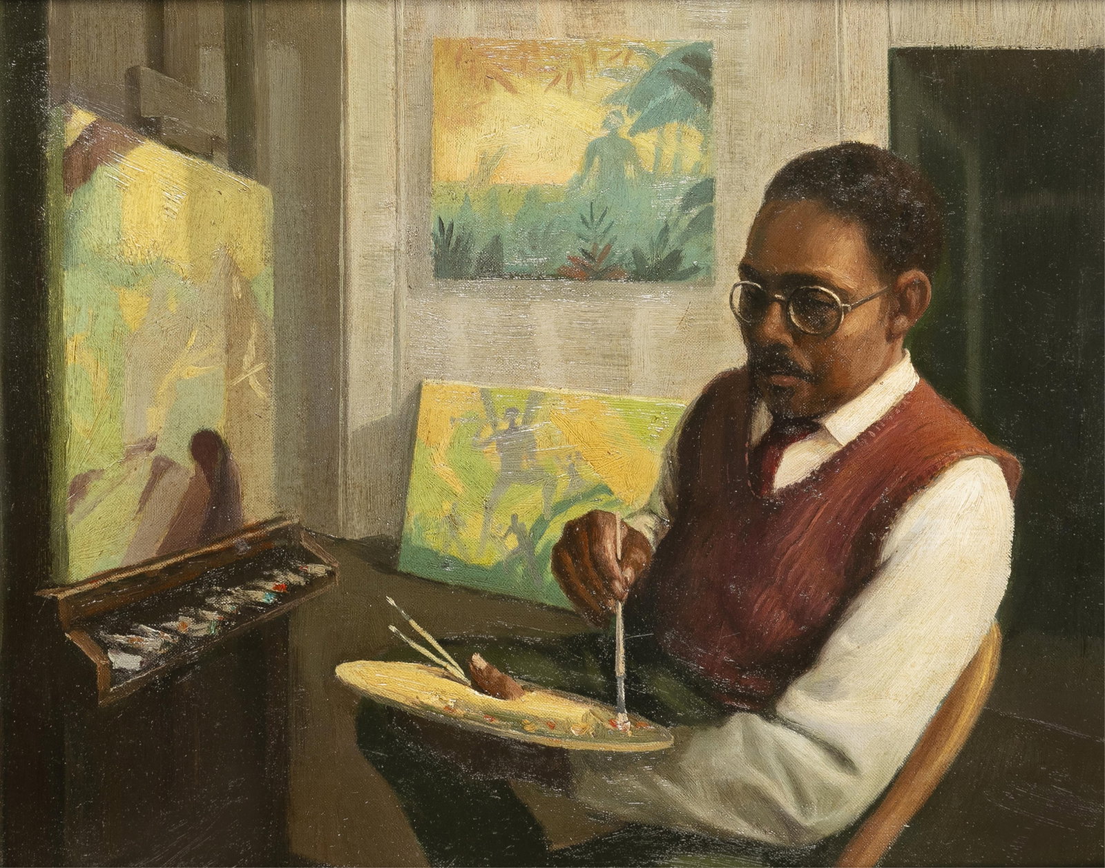 Aaron Douglas, 1899-1979, Self Portrait: Aaron Douglas 1899-1979 Self Portrait c. 1930 oil on canvas board 16 x 20 inches bears signature in pencil verso