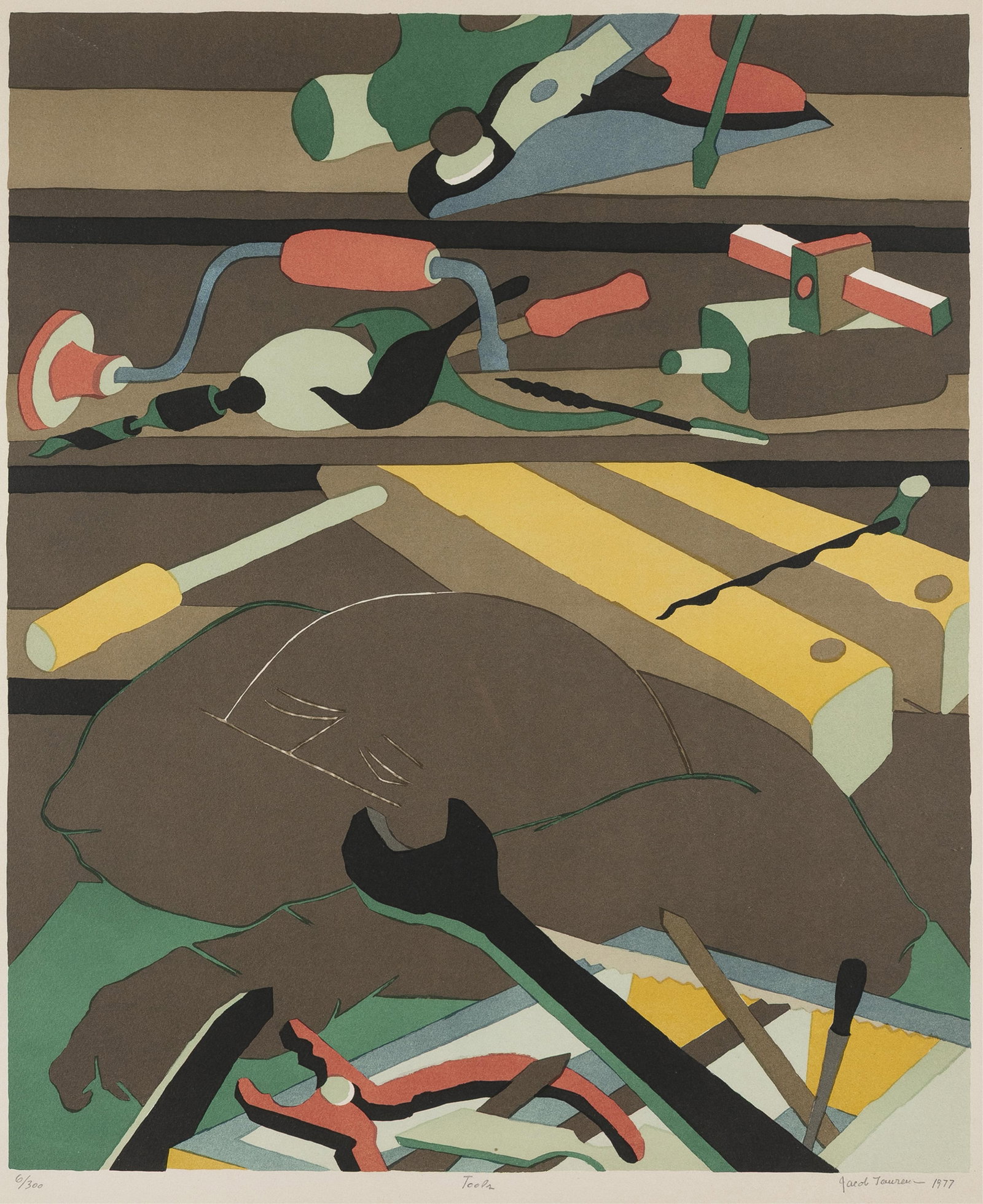 Jacob Lawrence, 1917-2000, Tools: Jacob Lawrence 1917-2000 Tools 1977 offset lithograph on BFK Rives paper from aluminum plates hand-drawn by the artist 21-7/8 x 18-1/8 inches (image) 26 x 21-3/4 inches (sheet) signed, dated, titl