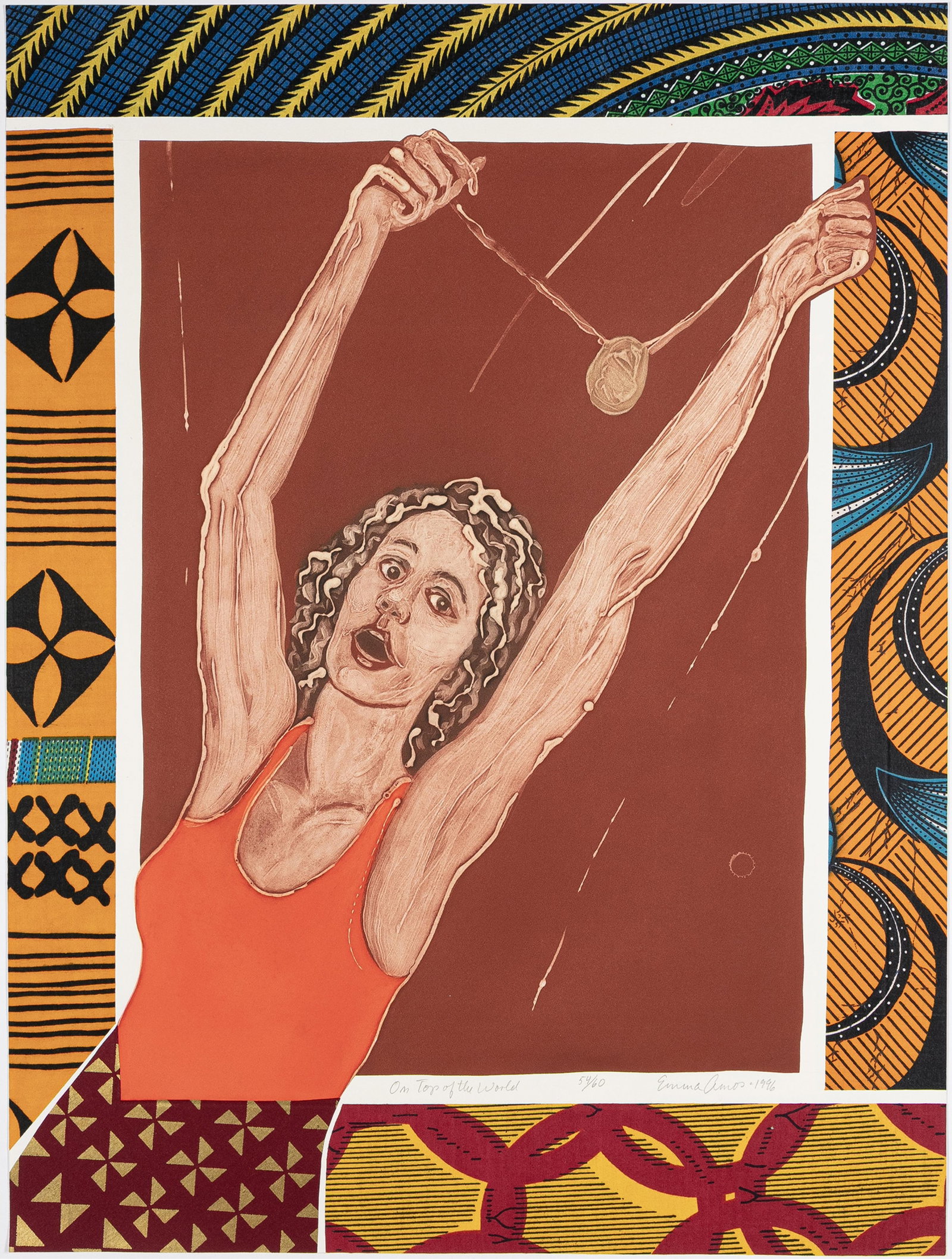 Emma Amos, 1934-2020, On Top of the World: Emma Amos 1934-2020 On Top of the World 1996 hand-printed silk aquatint with fabric collage borders on Arches paper 33-1/4 x 27-1/4 inches signed, titled, dated, and numbered 54/60