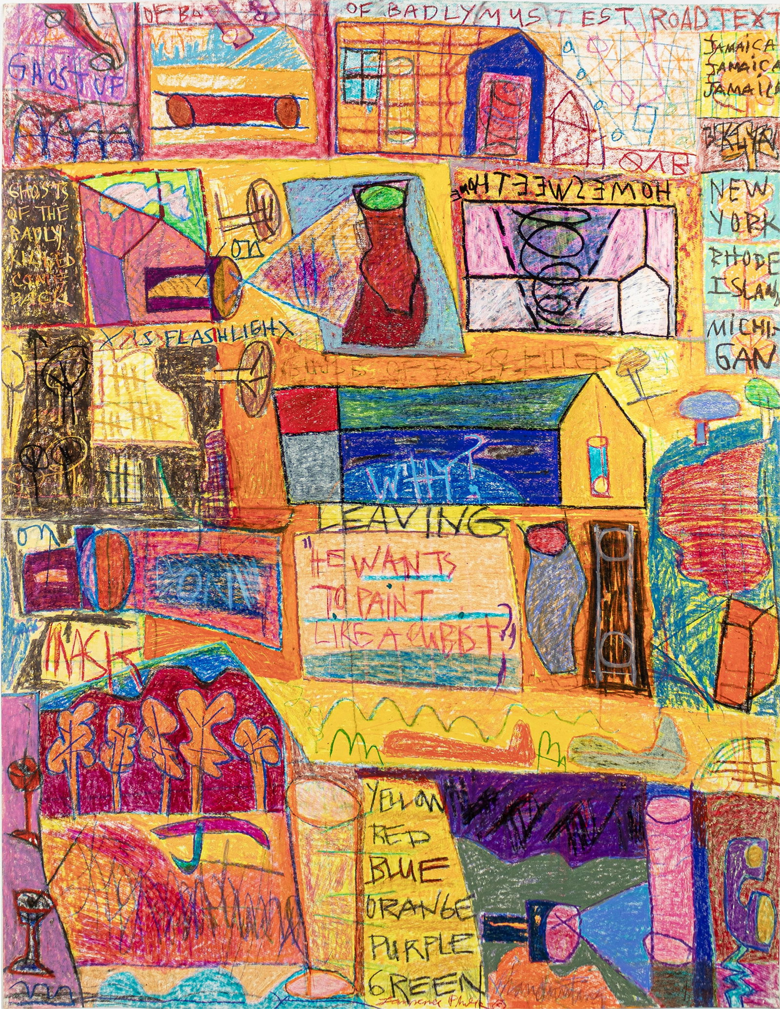 Lawrence Philp, b. 1949, Ghosts of the Badly Killed Come Back: Lawrence Philp b. 1949 Ghosts of the Badly Killed Come Back 1995 crayon, pastel crayon on pieced paper 51-1/2 x 40 inches signed, (part of the Leaving Home Series) REF: Lawrence Philp's Color Grid, ex