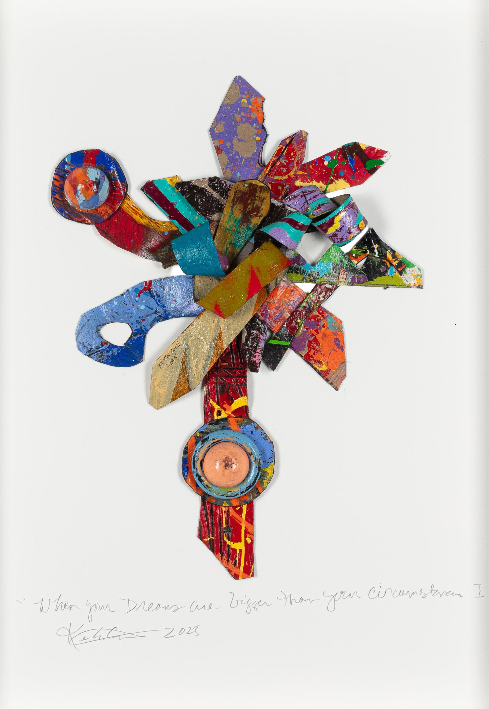 Kevin Cole, b. 1960, When Your Dreams Are Bigger Than Your Circumstances I: Kevin Cole b. 1960 When Your Dreams Are Bigger Than Your Circumstances I 2025 acrylic assemblage 18 x 12 inches (image) 23-1/2 x 17 inches (backing) signed, dated and titled