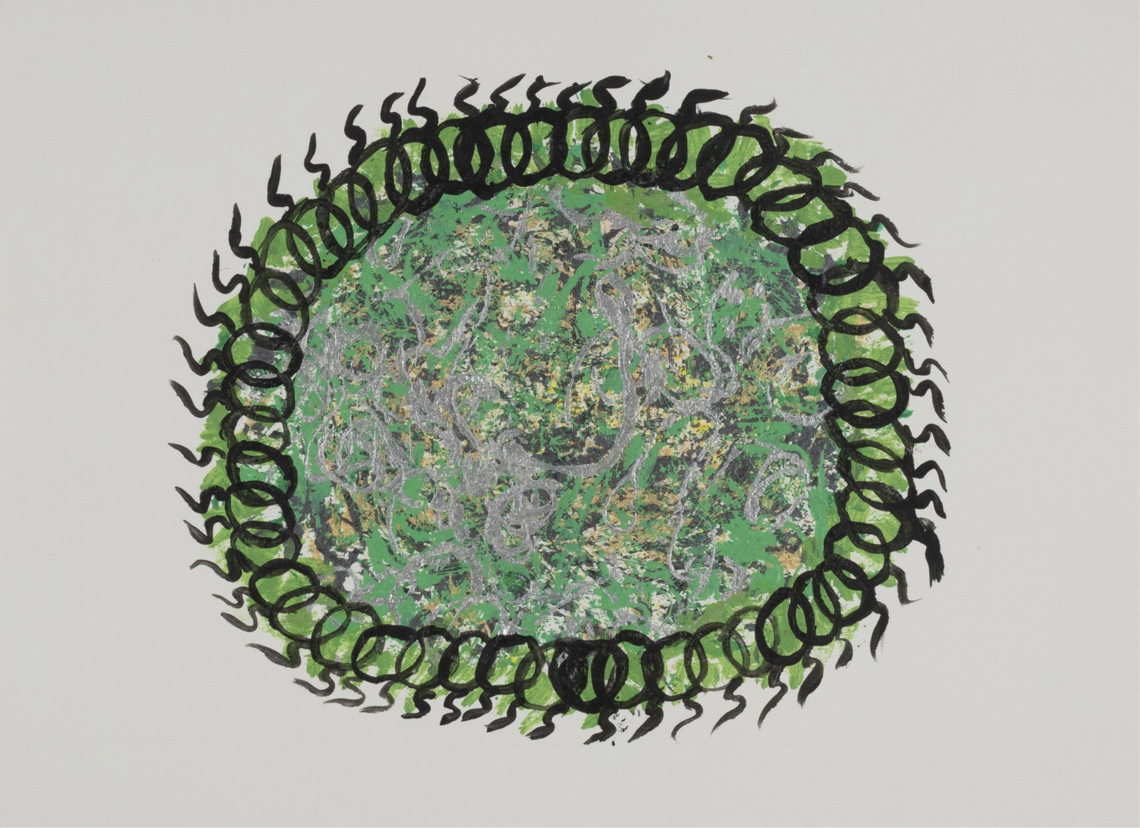 Evangeline J. Montgomery, 1930-2025, Green and Silver Rope: Evangeline J. Montgomery 1930-2025 Green and Silver Rope 2006 acrylic on paper 11-1/2 x 12 inches (image) 13 x 18 inches (sheet) signed, dated and titled verso, with Portfolio One, #27