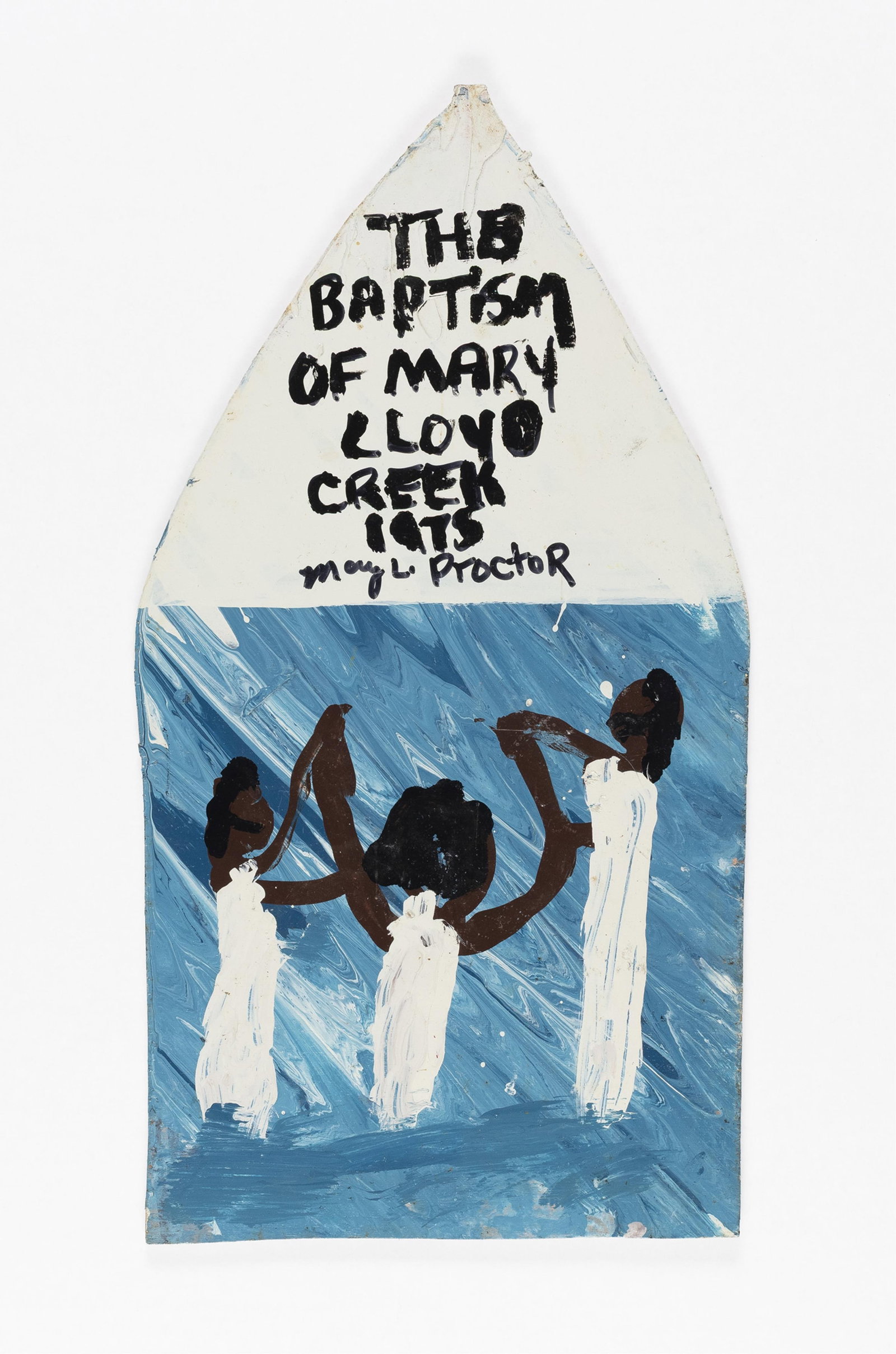 Missionary Mary Proctor, b. 1960, The Baptism of Mary 1975: Missionary Mary Proctor b. 1960 The Baptism of Mary 1975 c. 2000 oil and enamel on plywood 15 x 7-1/2 inches signed extensive hand-written text verso