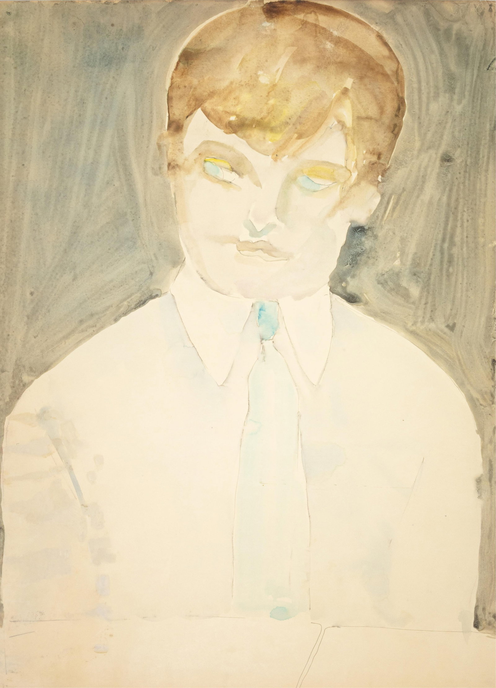 Suzanne Fitzallen Jackson, b. 1944, Untitled, portrait of a boy: Suzanne Fitzallen Jackson b. 1944 Untitled, portrait of a boy c.1963-64 watercolor on sketch paper 24 x 17-1/2 inches unsigned Provenance: private collection, San Francisco, CA (contact aucti
