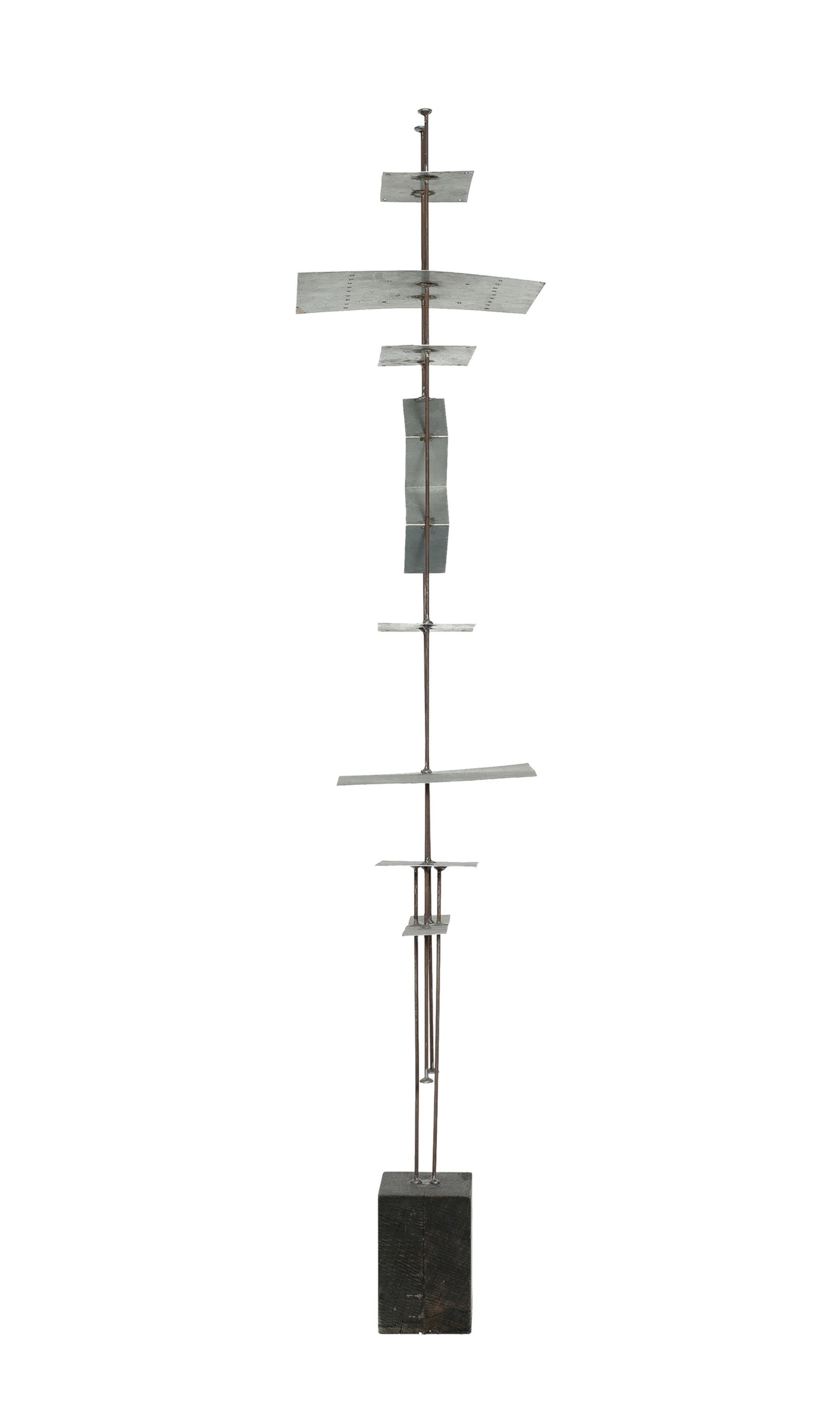Carl Latimer, 1924-1991, untitled: Carl Latimer 1924-1991 untitled c. 1960's welded metal sculpture on wooden base 50 x 8-1/4 inches (at widest point) Signed LAT on bottom Provenance: private collection, Copenhagen Condition generally