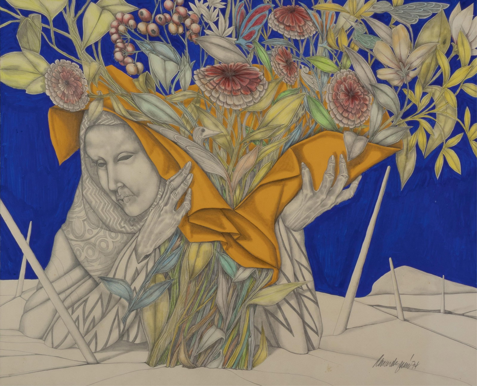 Ronald Burns, 1942-2024, untitled, woman with flowers: Ronald Burns 1942-2024 untitled, woman with flowers 1974 gouache, watercolor and graphite on illustration board 21 x 25-1/2 inches signed and dated Provenance: private collection, Denmark