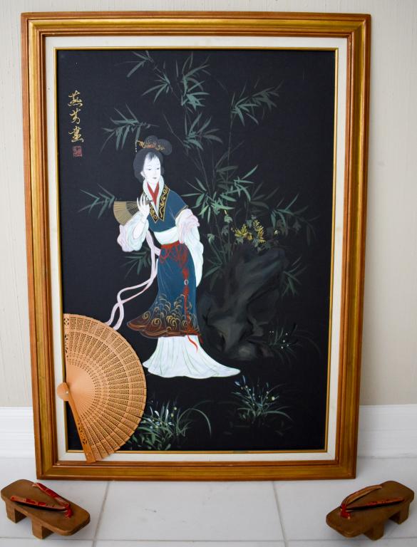 Japanese Geisha Framed Art Geta Sandals Fan: Unique lot of authentic Japanese art - includes framed art as shown, wooden Geta sandals and pierced fan.See photos for dimensions and condition.