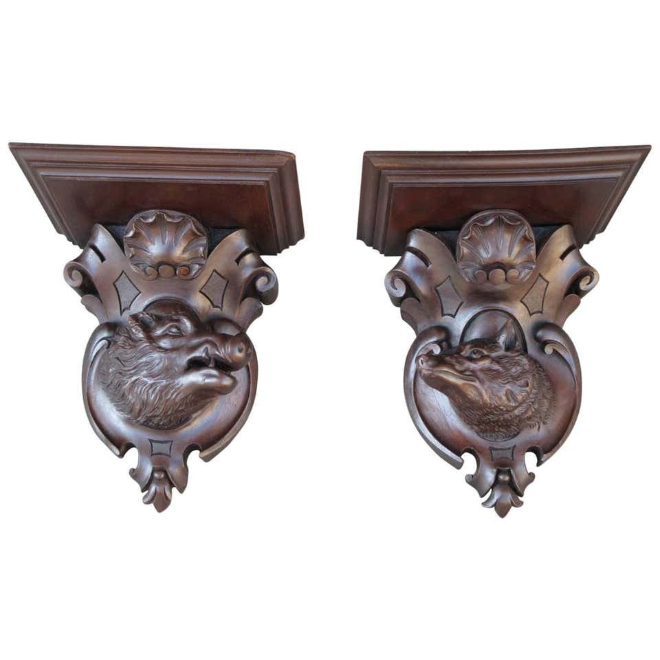 Pair 19th C Black Forest Carved Walnut Wall Brackets (1 of 3)