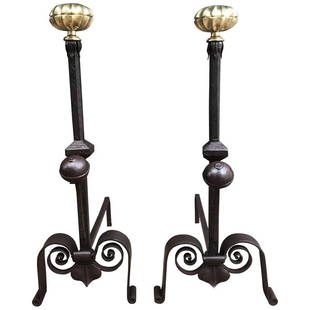 19th Century Italian Andirons with Brass Melon Tops: These 19th century Italian andirons have hand wrought engraved center pedestals ending in scroll stylized legs. The melon tops are cast brass.