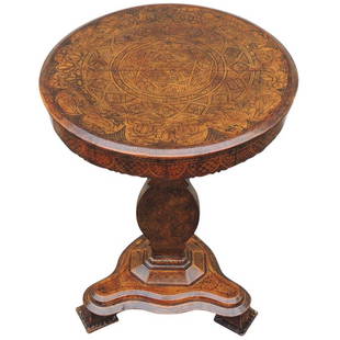 Early 19th C Spanish Walnut Tilt-Top Table: This table was made in Spain during the first half of the 19th century, and is covered with intricate pen work featuring flora, fauna, and geometric designs. The top tilts for storage and the table