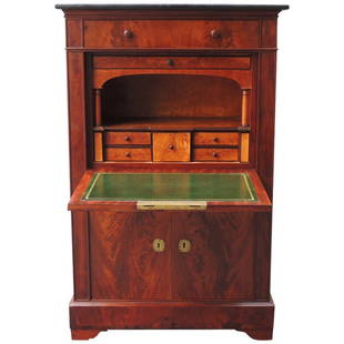 19th Century New York Mahogany Abattant: This early 19th century mahogany secretaire abattant was made in New York, circa 1810. The secretary features a top drawer above the fall front desk which, when opened, reveals a leather embossed