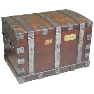 Mid 19th C English Oak Silver Chest with Double Lock: This silver chest was made in England in the mid-19th century, circa 1850, and is made of oak with exposed steel hinges and strapping. This trunk was created to hold a Mackay, Cunningham & Co silver