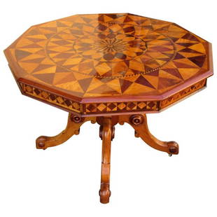 19th C West Indies Regency Specimen Top Table: A stunning Caribbean Regency style exotic wood inlaid table, circa 1830, in the manner of Ralph Turnbull, featuring mahogany, cedrela, rosewood, satinwood and yucca woods on a barley twist turned