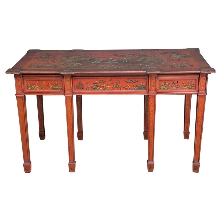 Chinoiserie Imperial Red English Writing Partners Desk / Library Table, 19th C (1 of 15)