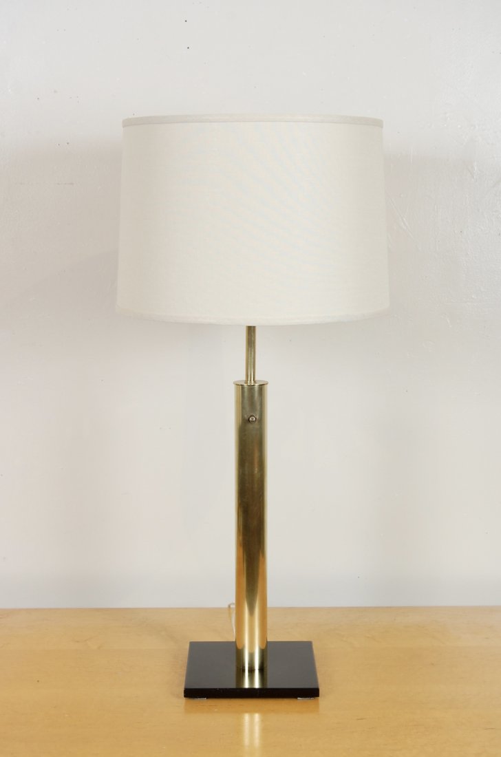 Brass Nessen Table Lamp W/ Linen Drum Shade: Vintage Nessen brass cylindrical table lamp with a square black lacquered base. The brass has been hand polished to a soft sheen, to be noted the brass components are solid brass and not plated. Inclu