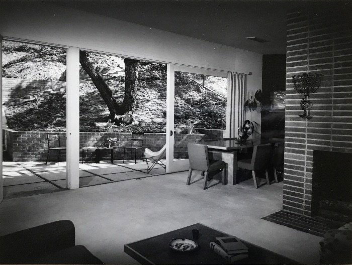 Julius Shulman Architectural Photograph Wurster #2: Silver gelatin photograph by Architectural photographer Julius Shulman (1910-2009) of a home by Bay Area Architect William Wurster (1895-1973). Dry mounted on 8.5" x 10.5" paperboard and signed in pen