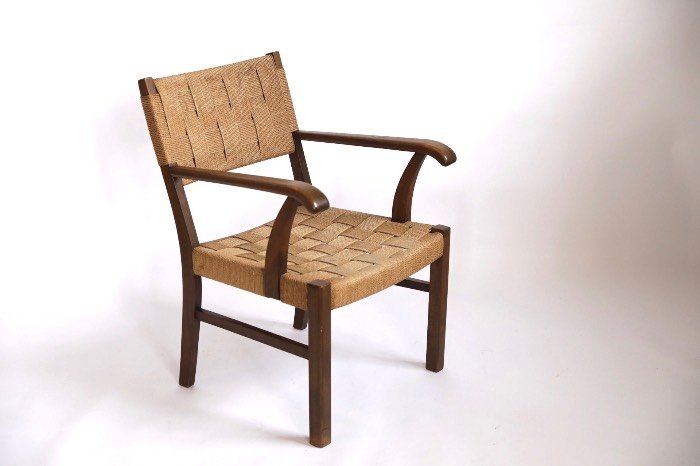 1930s Danish Armchair in Stained Beech w/ Paper Cord (1 of 6)