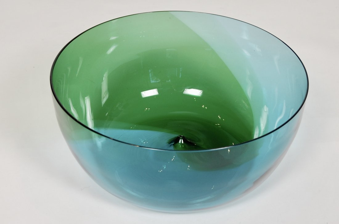 Tapio Wirkkala Coreano Glass Bowl for Venini: Glass 'Coreano' bowl with a blue & green swirl pattern designed by Tapio Wirkkala (1915-1985) for Venini circa 1960s, signed on the bottom 12 in. Dia. x 5.25 in H