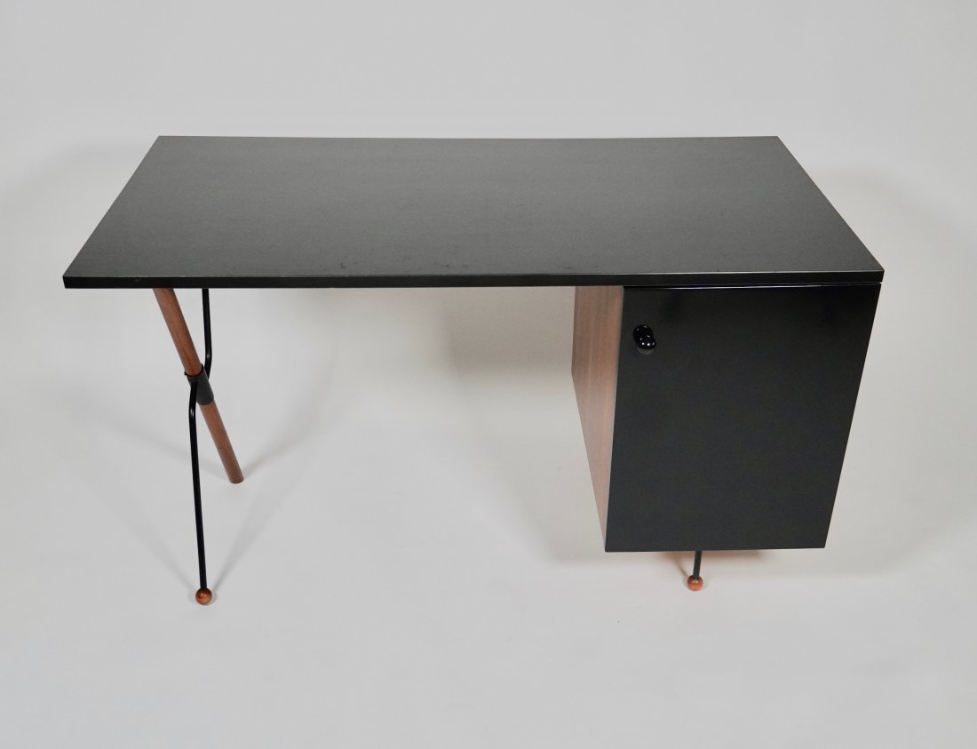 Vintage Greta Magnusson Grossman Desk Series 62: Vintage Glenn of California desk designed by Greta Magnusson Grossman in walnut, painted steel and black laminate, 28.25" H x 47.5" W x 25" D.