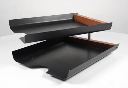 Peter Pepper Products 2 Tier Letter Tray: 2 tier letter tray by Southern California company Peter Pepper Products, black lacquered metal, walnut and aluminum construction, 13" deep by 10.25" wide by 5.5" tall.