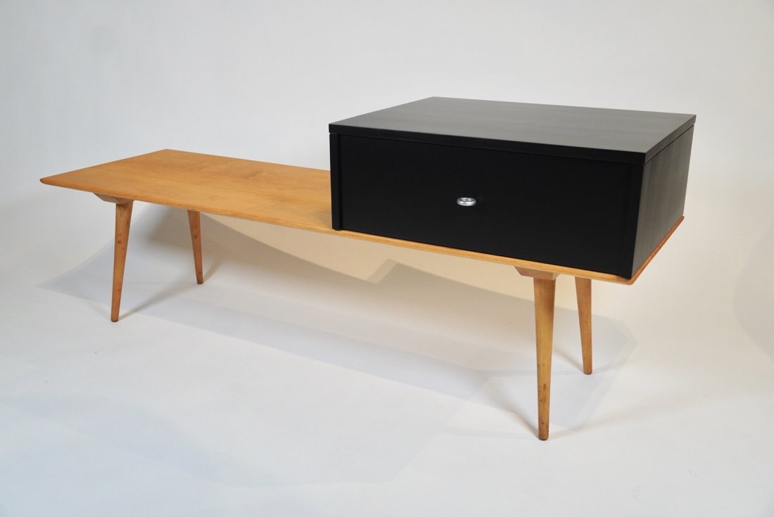Paul McCobb Planner Group Bench & Case Good: The Planner Group bench / coffee table with black lacquered case good storage system by Paul McCobb. Maple bench and black lacquered maple case good with aluminum pull resting on the bench, 60" long x