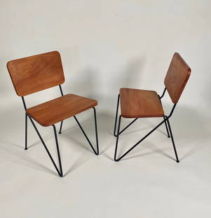 Early 1950s California Design Iron & Mahogany Side Chairs: Pair of iron and mahogany side chairs circa early 1950s in the design ethos of Luther Conover and others of the design group Pacifica of California. Paperclip iron leg frames with planks of solid