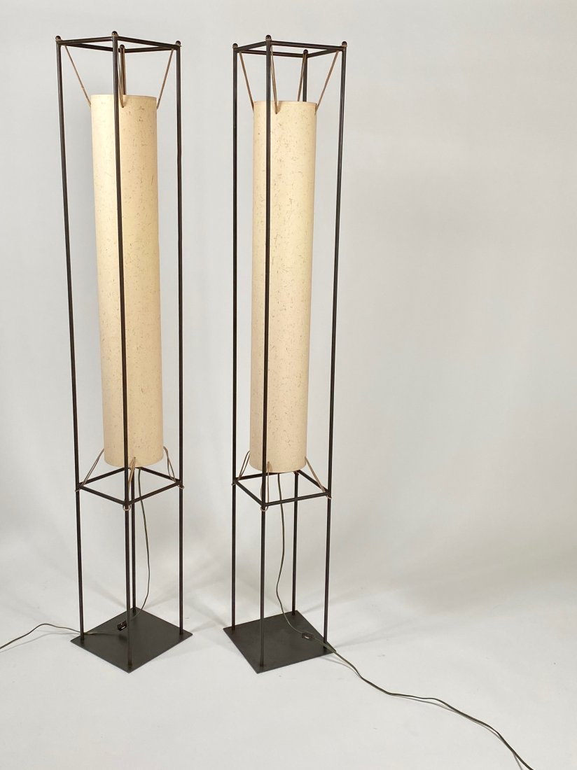 1970s Studio Made Pair of Modernist Iron Framed W/ Cylinder Shades Floor Lamps (1 of 7)
