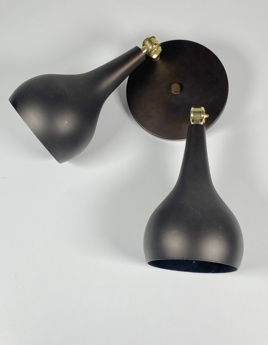 Gross Wood Two Cone Wall or Ceiling Sconce San Francisco Designer: Wall or ceilng sconce in aluminum, brass and steel with a black lacquer finish. Having two adjustable shades with diffusers and brass fittings. Originally designed by Esther and Gross Wood of Gross Wo
