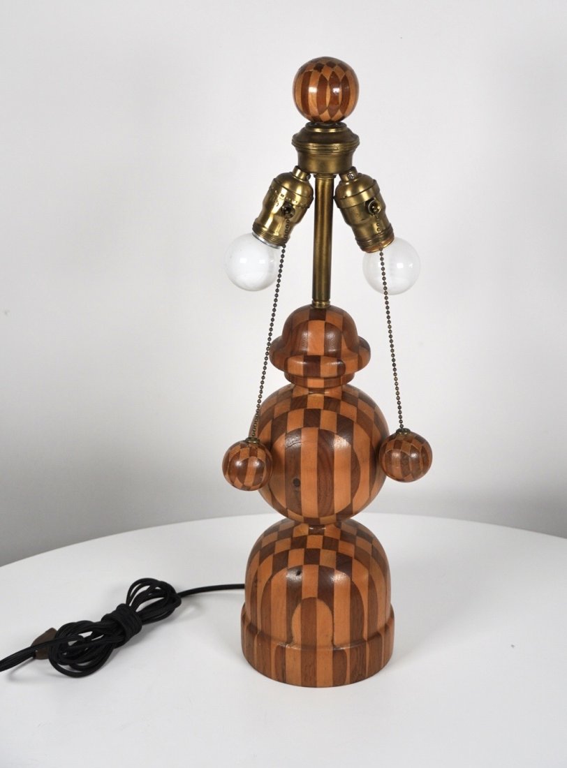 American Folk Art Turned Wood Harlequin Pattern Table Lamp (1 of 3)