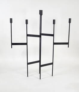 Large Scale Candelabra by Donald Drumm: Early 1960s 6 candle candelabra designed by American designer Donald Drumm and sold by Raymor. Black enamel finish on a welded steel frame, the scale of the object can either be used as a stand alone