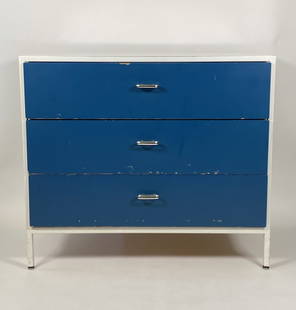 George Nelson Steel Frame Dresser: 3 drawer Herman Miller dresser in white, gray and blue with a white laminate top, 33.5" W x 16.75" D x 29.5" H.