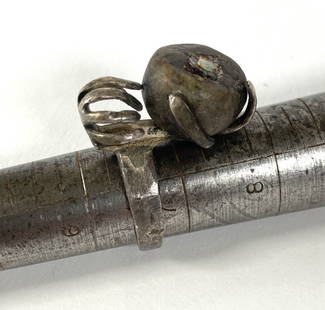 Pal Kepenyes Silver Ring with Round Stone: Ring by Pal, size 6.75, not signed, purchased directly from the artist in the 1960s by the original owners, 1" W x .75" D x .5" H.