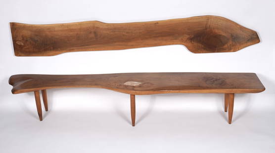 Rare Phillip Lloyd Powell Studio Live Edge Bench and Shelf w/ Marble: Purchased is 1965 by the original owners at the Powell studios in New Hope, PA, the set is a live edge walnut bench with a pink marble insert, 84" W x 17.5" x 14.5" H. The shelf was converted into a b