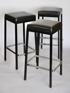 Rare & Unusual Knoll Bar Stools Set of 3: 3 Knoll bar stools, black frames with stainless steel foot rest 29.5" H x 15" D x 15" W. Labeled with older pre zip code label, few examples of this stool were made a rare design from Knoll.