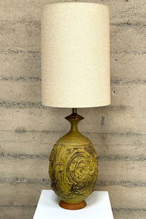 Studio Ceramist Victoria Littlejohn Table Lamp: Mustard colored textural clay body, wood base, 46.5" H with shade x 15" Dia, without shade 29" H x 12" Dia