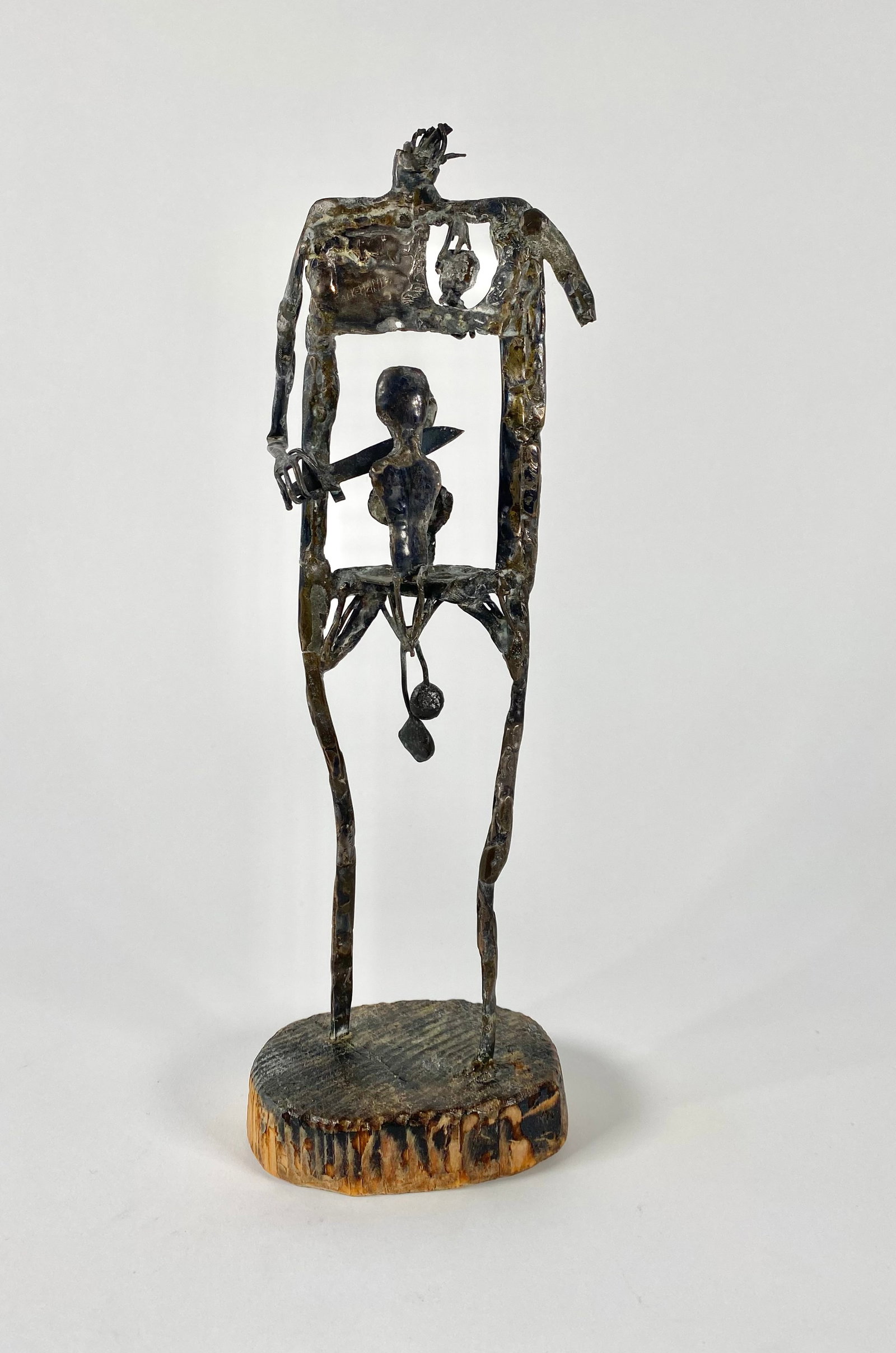 Pal Kepenyes Abstract Figure Sculpture: Figure in metal, 12.75" H x 4" W x 3", signed by the artist, purchased by the original owners from Pal in his studio in Acapulco during the 1960s.