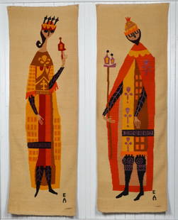 Large King and Queen Evelyn Ackerman Design Tapestries ERA Industries: Pair of wool tapestries of a King and Queen by designer Evelyn Ackerman for her company ERA Industries, 68.5" H x 22.5" W. Both have the EA initials woven into them was well as a label "Evelyn Ackerma