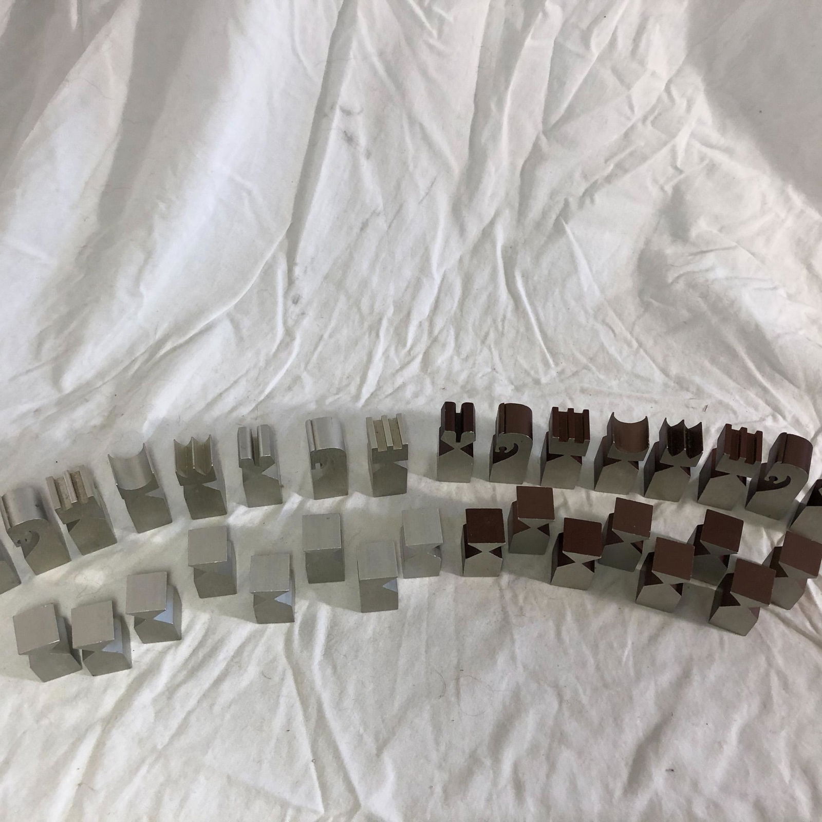 1966 Austin Cox Chess Set: 1966 Austin Cox Chess Set for Austin Enterprises full 32 piece aluminum chess set. All marked and in great shape. Natural and Brown finishes