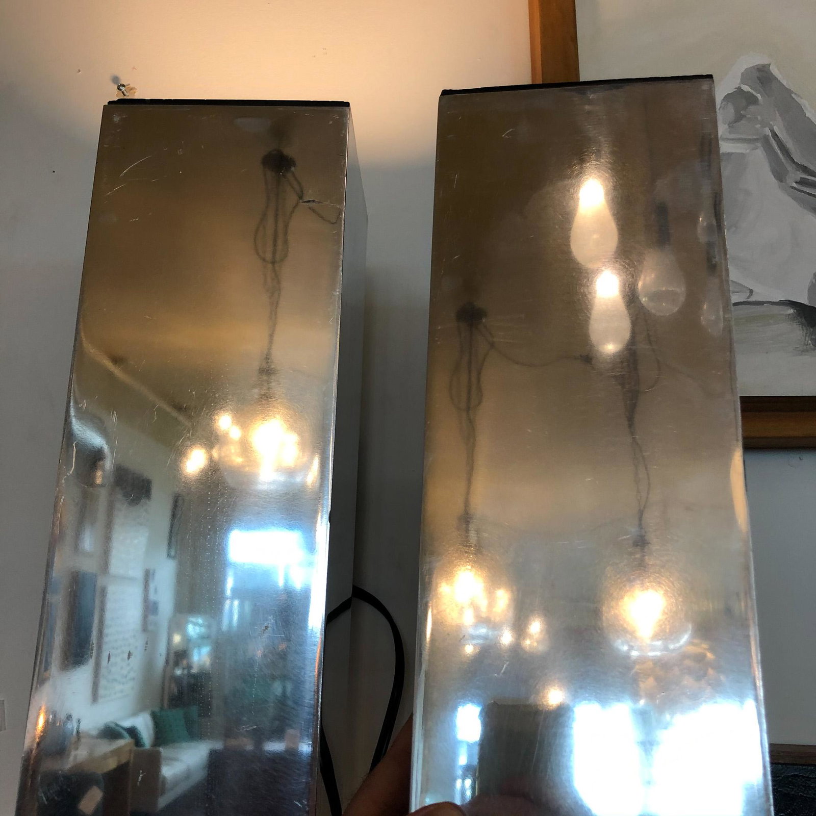 Pr. Of Wall Sconces, American: Pr. Of Wall Sconces, American, c. 1980's in chrome, dual fixtures for each, 110v working no lables Measures 5" x 8" x 15"
