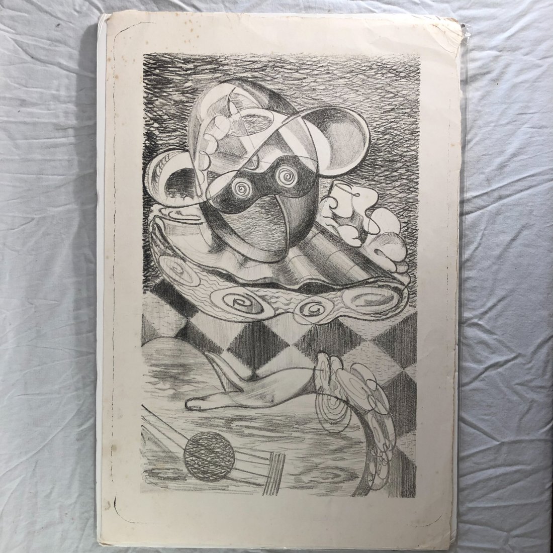 Pencil Drawing c.1930: Cubist style Pencil Drawing on paper - Monkey harlequin c.1930's, unsigned attributed to Ayers, on paper Measures 17"x 13"