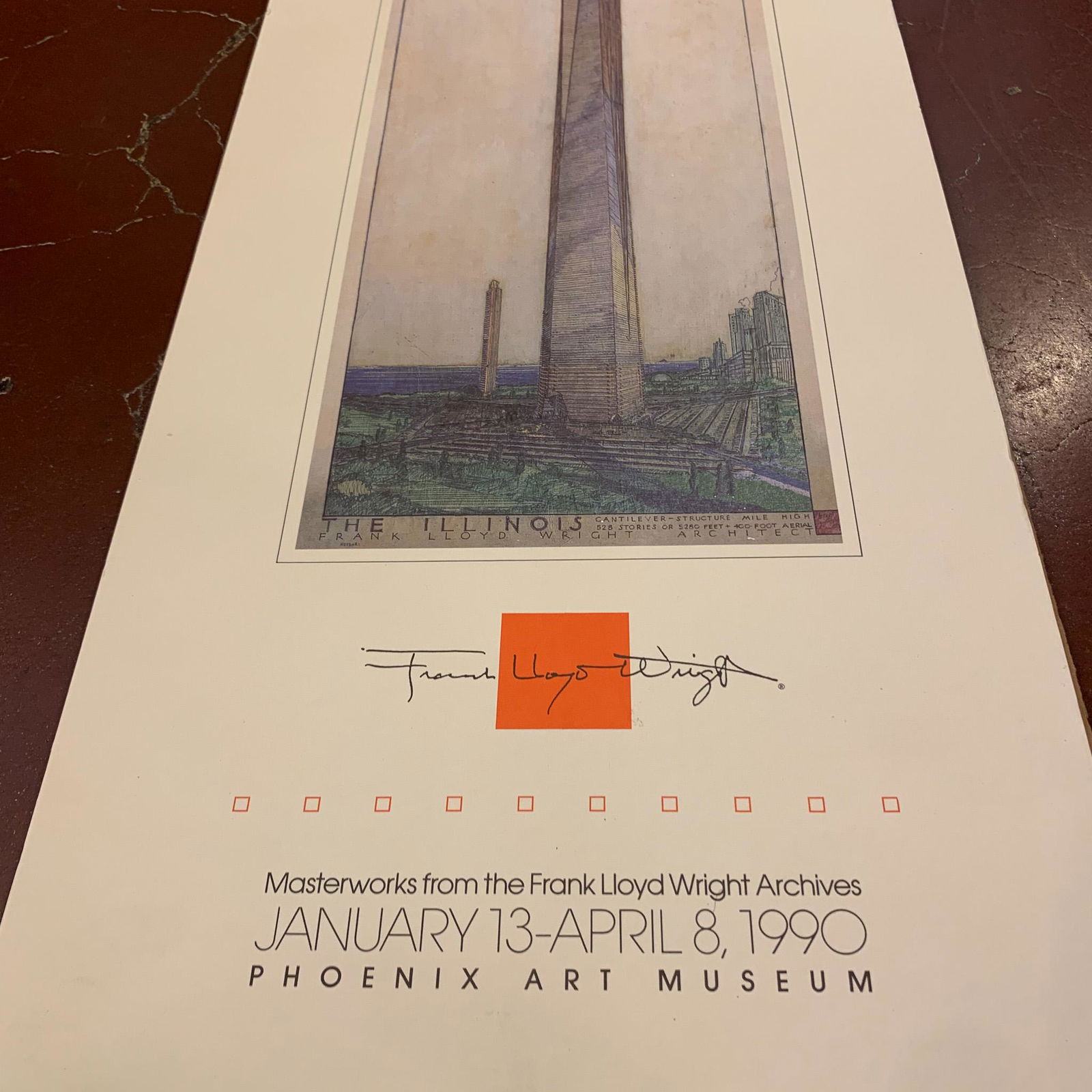 Poster, "The Illinois", Frank Lloyd Wright: Poster, "The Illinois", Frank Lloyd Wright from the exibition at the Phoenix Art Museum, 1990, hard paper mounted on board Measures 11" x 36.5"