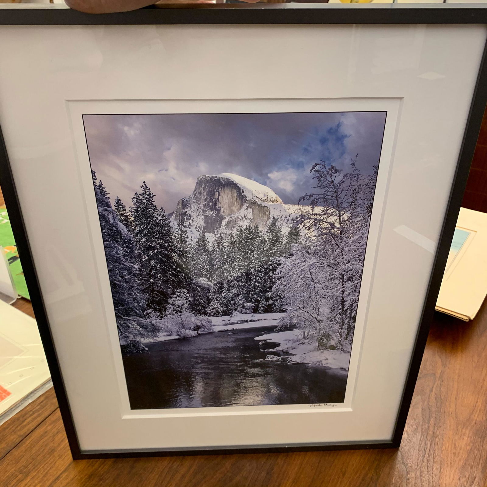 Photograph "Half Dome from Sentinel Bridge", Mark: Photograph "Half Dome from Sentinel Bridge", Mark Heliger signed by artist, framed under glass Measures 16.25" x 20.25"