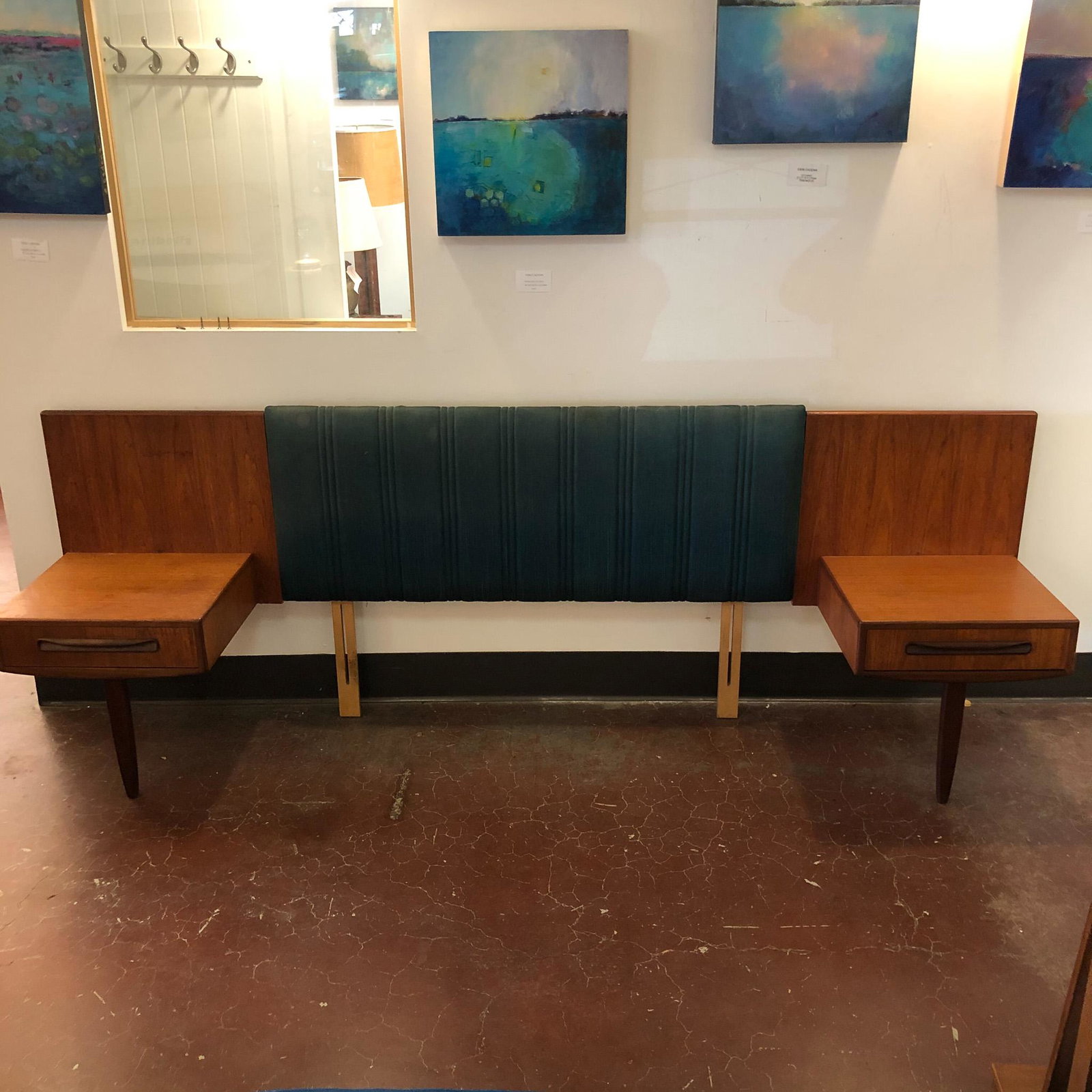 1960's G Plan "Fresco" Upholstered Headboard w/: 1960's G Plan "Fresco" Upholstered Headboard w/ attached Bedside drawers in teak and trimmed in Afromosia. Queen size. UK in orgin Measures 100.5" x 19" x 35.5"