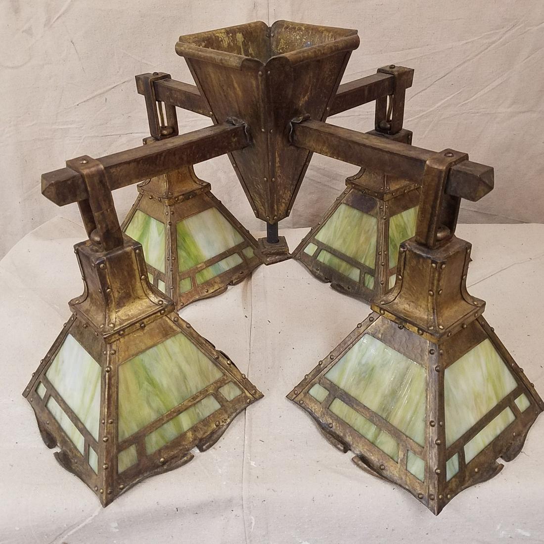 Bradley & Hubbard Arts & Crafts Ceiling Fixture: Antique Arts & Crafts era signed Bradley & Hubbard brass & slag glass ceiling fixture.Signed inside upper section. Fine condition. Size: 24" x 24" x 14" tall. Weighs 18 lbs.