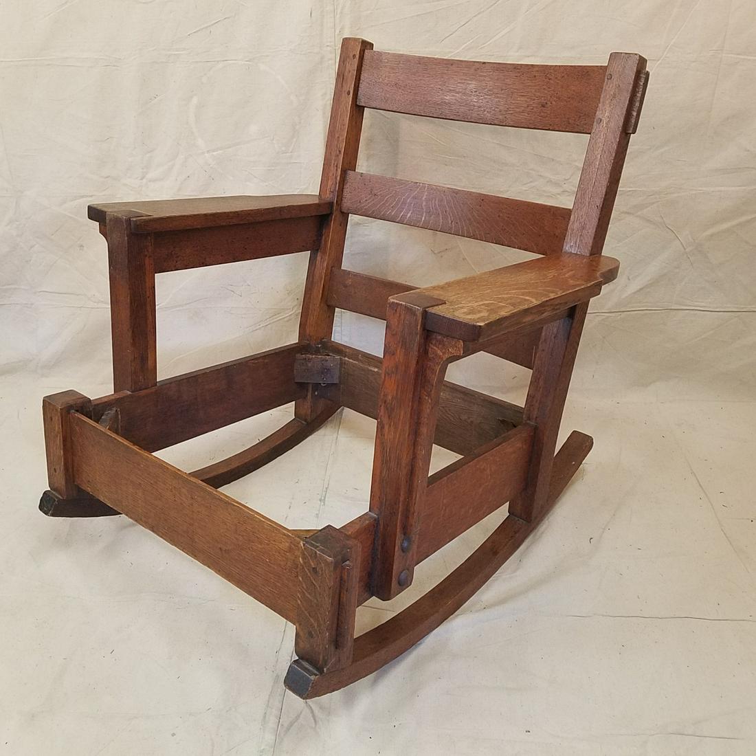 Charles Stickley Huge Arts & Crafts Oak Rocker: Antique massive and heavy Charles Stickley Arts & Crafts oak rocker frame...no seat or back cushion included. Unsigned. Fine condition. Finish looks great...could be original but likely old refini